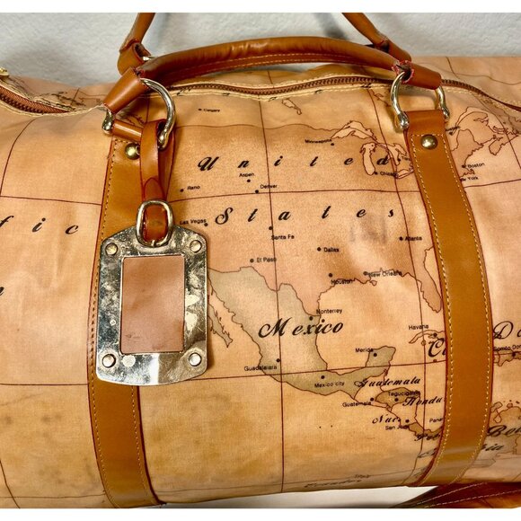 World Map Travel Duffle Bag Twin Handles Shoulder Strap Attached Luggage Tag - Picture 3 of 4